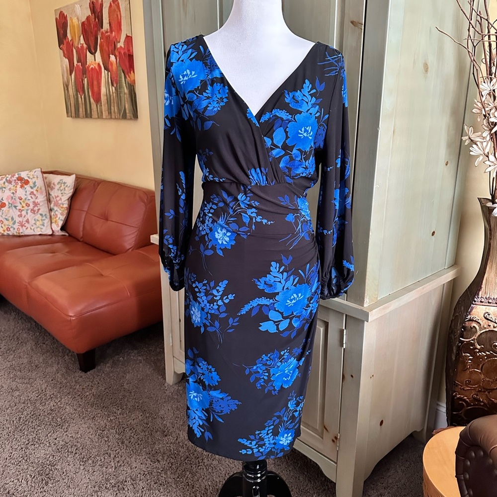 Anne Klein Long Sleeve Dress with Blue Floral Design
